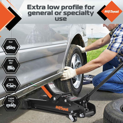 AV Steel Floor Jack 2.5 Ton (5500 lbs), Low Profile Floor Jack with Single Piston Pump, Heavy Duty Steel Hydraulic Jack for Car, Jack for Car with Lifting Range 3.4'' to 14.6'' - Track Minded HPDE, LLC