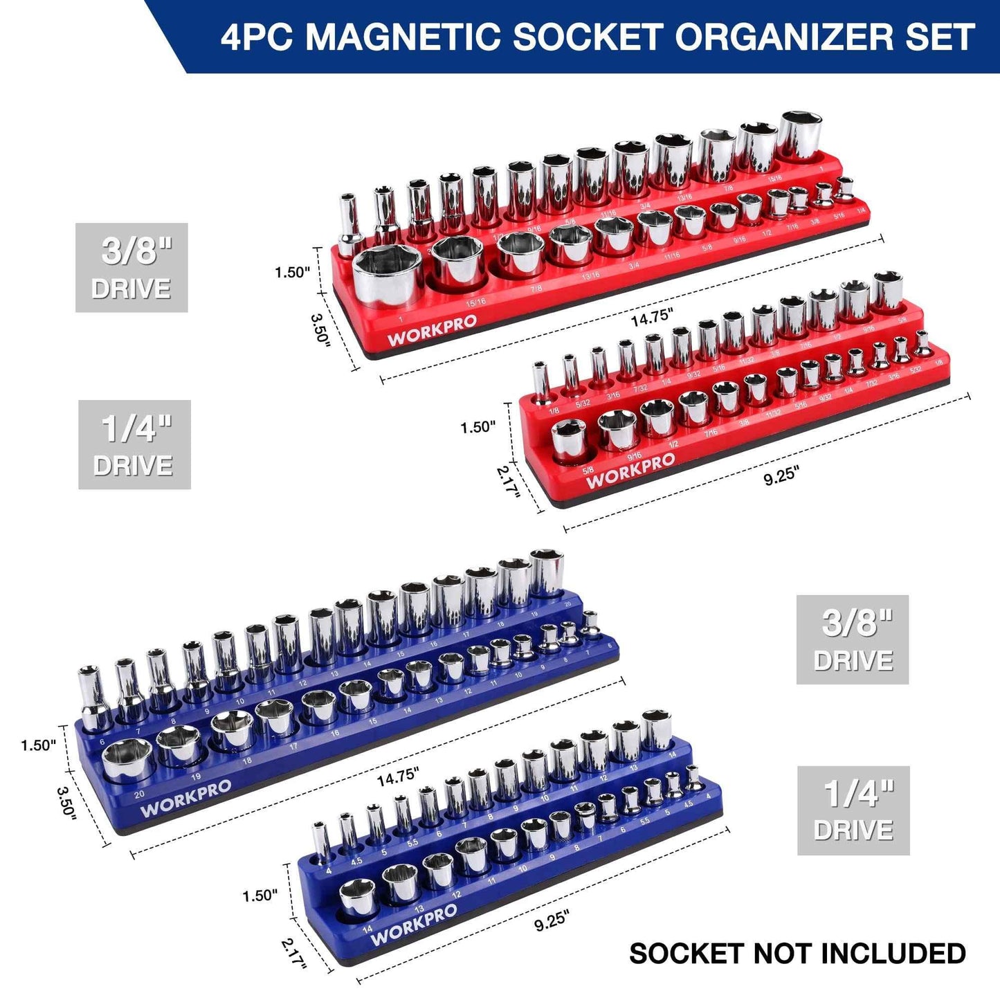 WORKPRO Magnetic Socket Organizer Set, 4-Piece Socket Holder Set Includes 1/4", 3/8" Drive Metric & SAE Socket Trays, Holds 108 Pieces Standard and Deep Size Sockets (Sockets not Included) - Track Minded HPDE, LLC