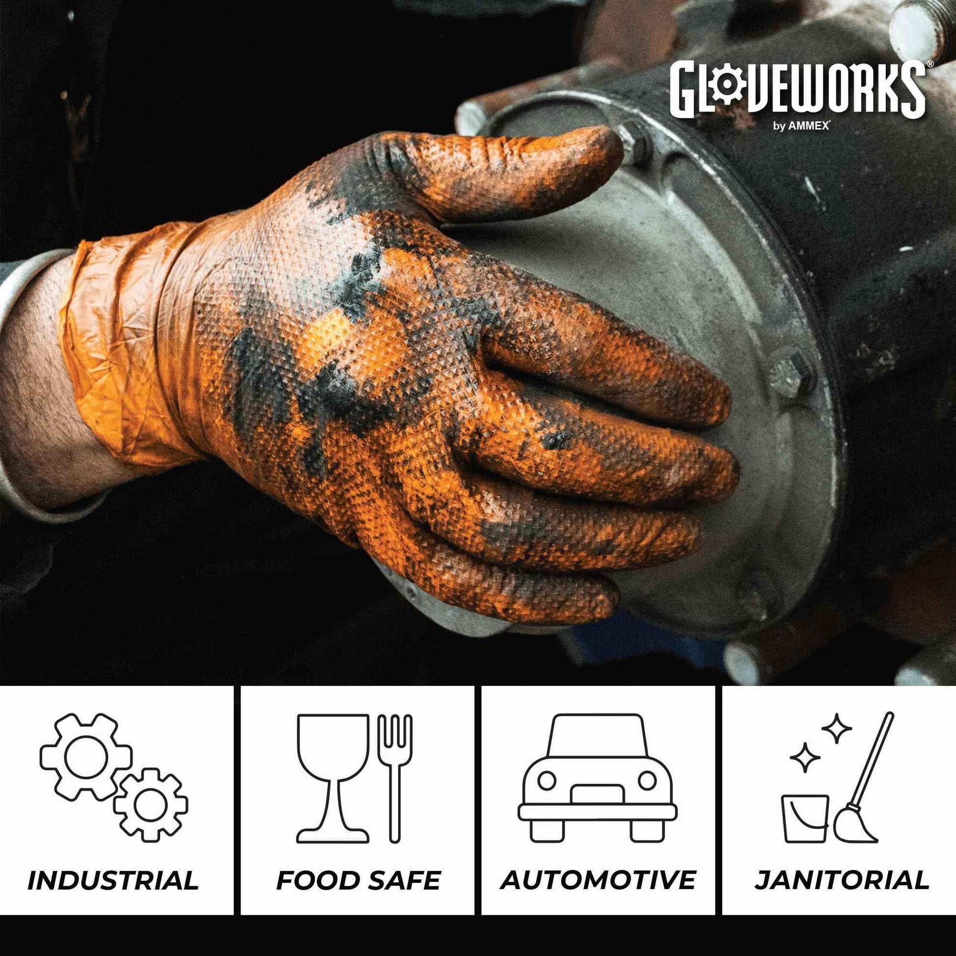 GLOVEWORKS HD Orange Nitrile Industrial Disposable Gloves, 8 Mil, Latex-Free, Raised Diamond Texture, Large, Box of 100 - Track Minded HPDE, LLC