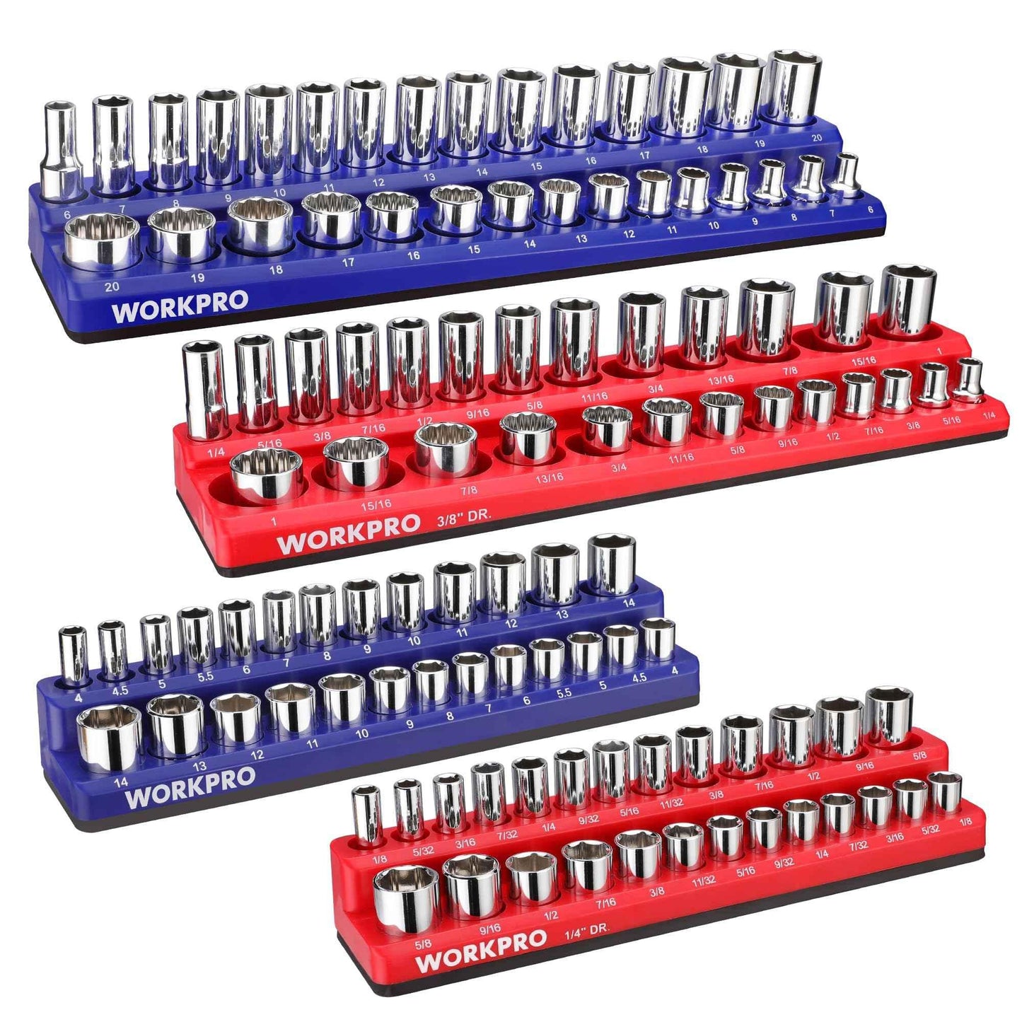 WORKPRO Magnetic Socket Organizer Set, 4-Piece Socket Holder Set Includes 1/4", 3/8" Drive Metric & SAE Socket Trays, Holds 108 Pieces Standard and Deep Size Sockets (Sockets not Included) - Track Minded HPDE, LLC