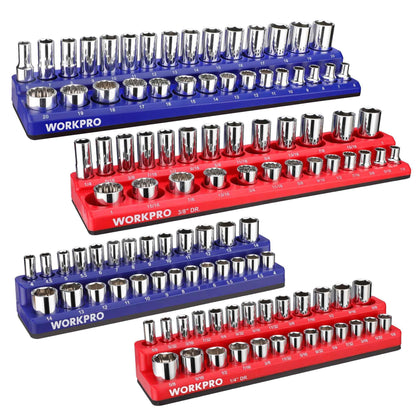 WORKPRO Magnetic Socket Organizer Set, 4-Piece Socket Holder Set Includes 1/4", 3/8" Drive Metric & SAE Socket Trays, Holds 108 Pieces Standard and Deep Size Sockets (Sockets not Included) - Track Minded HPDE, LLC