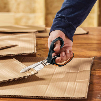 Fiskars PowerArc 8" Shop Shears, Heavy Duty Serrated Stainless Steel Scissors with Comfort Grip, Hardware Tool for Construction, Cut Materials like Insulation, Duct Tape, Cardboard, Rope and Tyvek - Track Minded HPDE, LLC