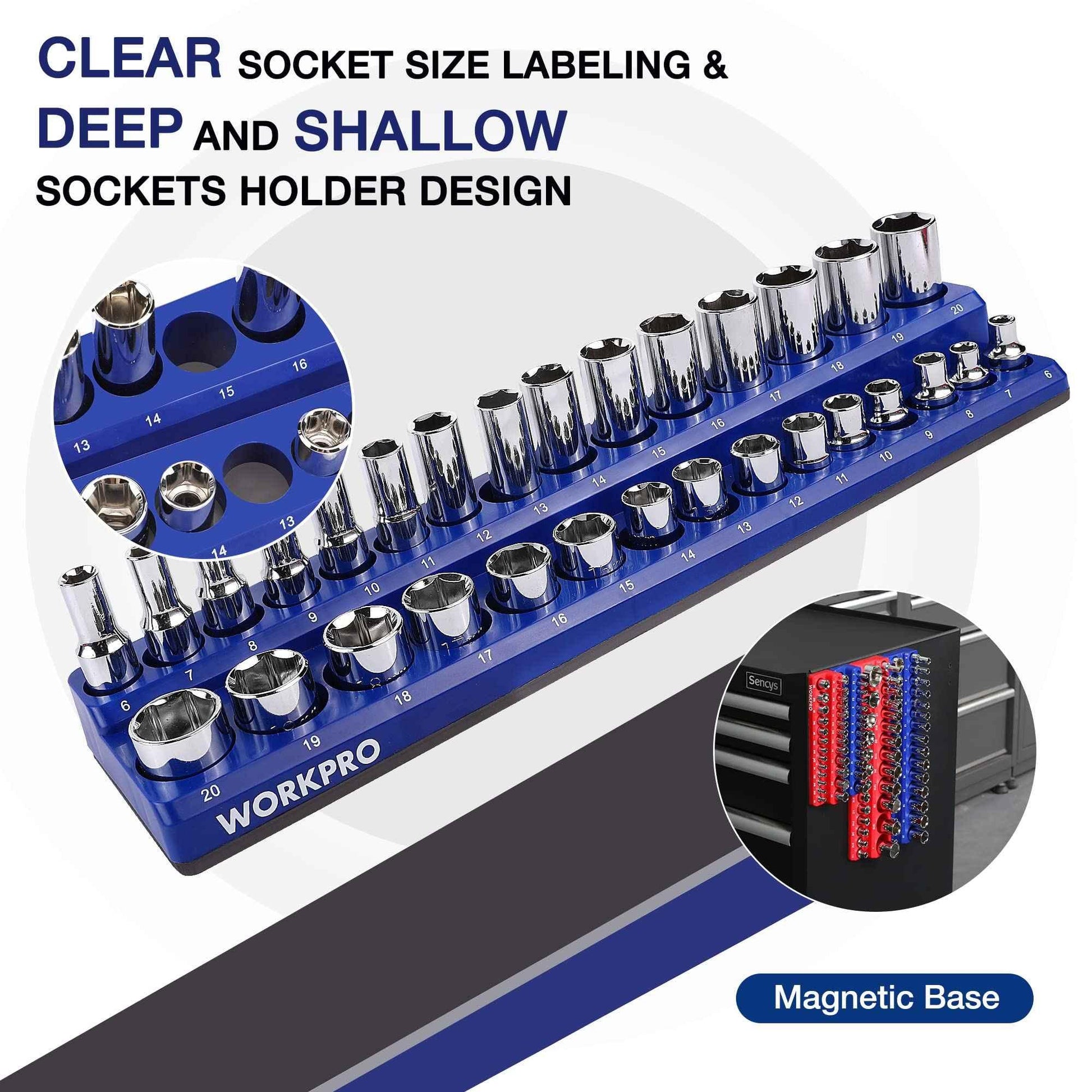 WORKPRO Magnetic Socket Organizer Set, 4-Piece Socket Holder Set Includes 1/4", 3/8" Drive Metric & SAE Socket Trays, Holds 108 Pieces Standard and Deep Size Sockets (Sockets not Included) - Track Minded HPDE, LLC