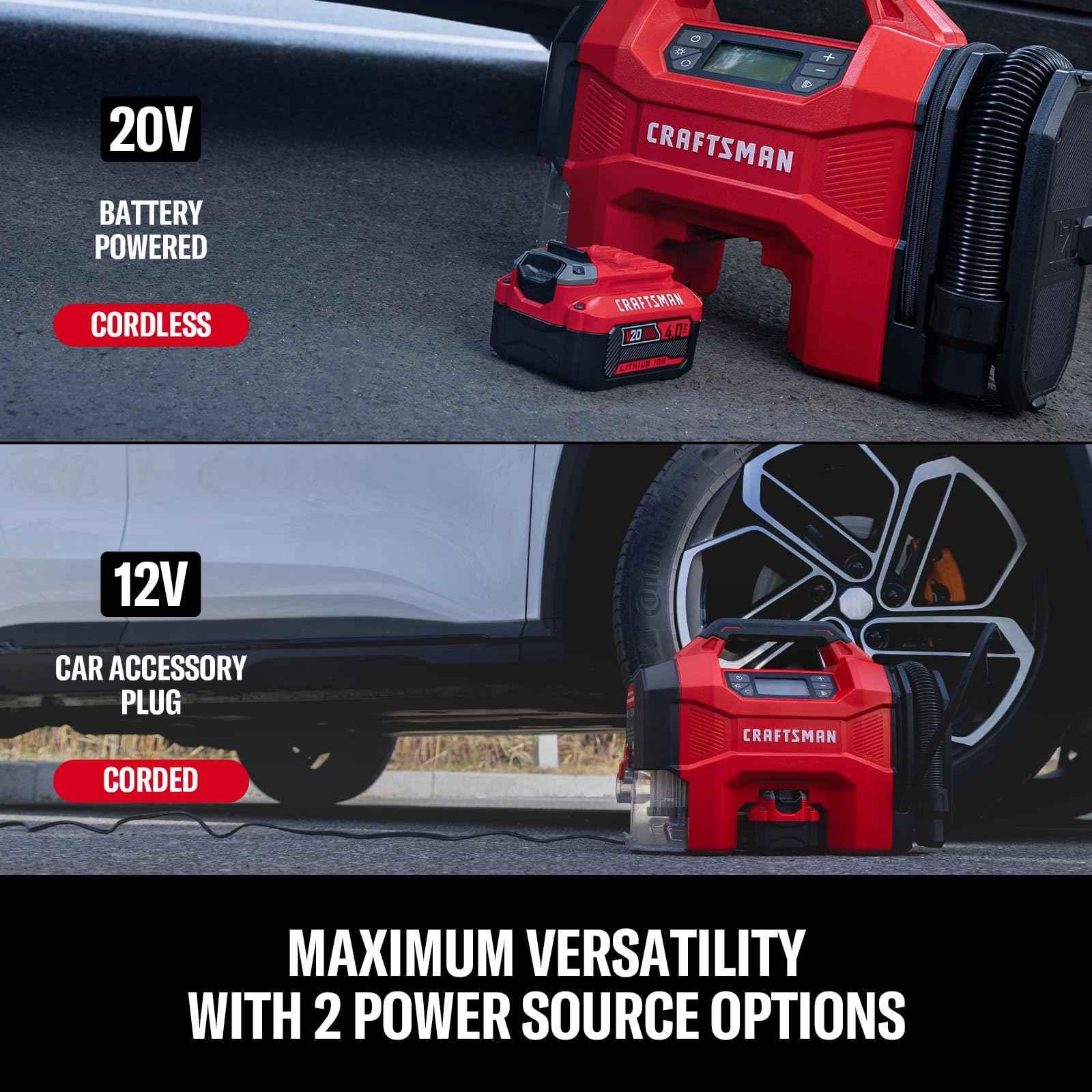 CRAFTSMAN 3-in-1 Tire Inflator Kit with Battery & Charger, 160 PSI Portable Air Compressor, Car Vacuum & Dust Blower with LED Light (Includes 4.0Ah Battery & 12V Charger) - Track Minded HPDE, LLC