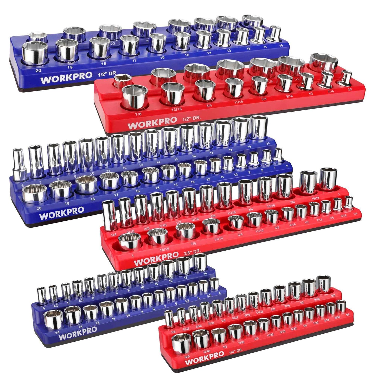 WORKPRO Magnetic Socket Organizer Set, 6-Piece Socket Holder Set Includes 1/4", 3/8", 1/2" Drive Metric SAE Socket Trays, Holds 143 Pieces Sockets, Christmas Gift for Men(Socket not Included) - Track Minded HPDE, LLC
