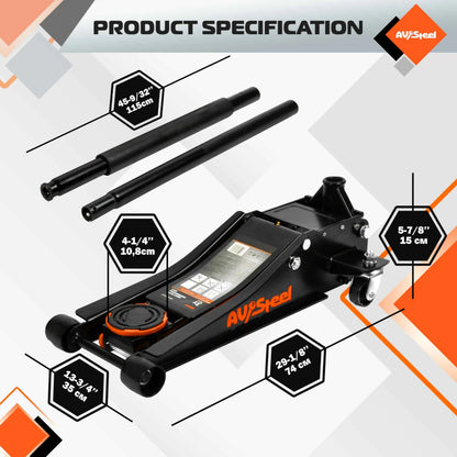 AV Steel Low Profile Floor Jack 3 Ton (6600 lbs), Heavy Duty Hydraulic Jack for Car, Heavy-Duty Floor Jack with Dual Pistons Quick Lift Pump, Car Floor Jack with Lifting Range 3-1/8'' to 19-7/8'' - Track Minded HPDE, LLC