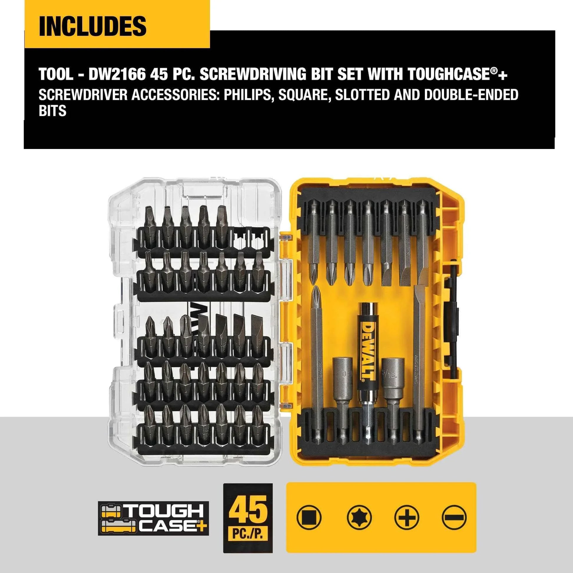 DEWALT Screwdriver Bit Set with Tough Case, 45-Piece (DW2166), Grey/Silver Screwdriving Set with Tough Case - Track Minded HPDE, LLC