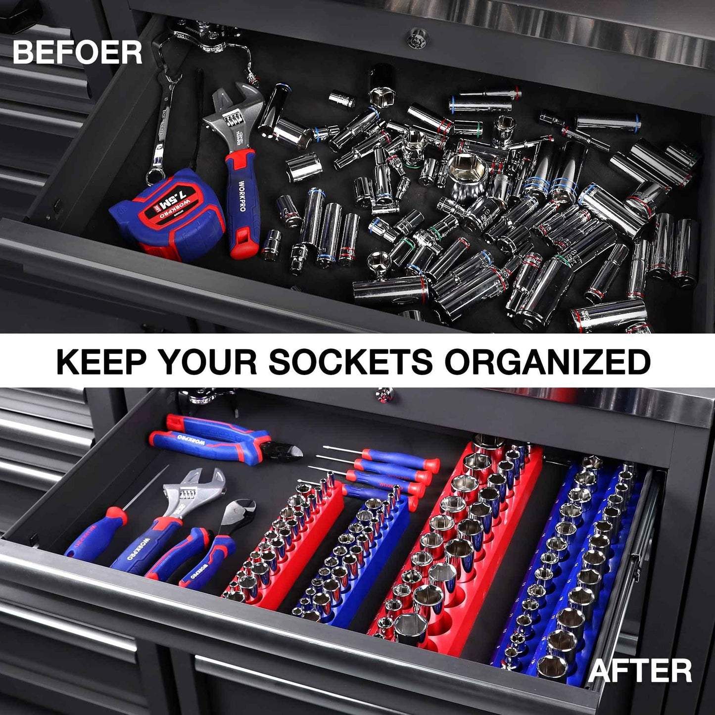 WORKPRO Magnetic Socket Organizer Set, 4-Piece Socket Holder Set Includes 1/4", 3/8" Drive Metric & SAE Socket Trays, Holds 108 Pieces Standard and Deep Size Sockets (Sockets not Included) - Track Minded HPDE, LLC