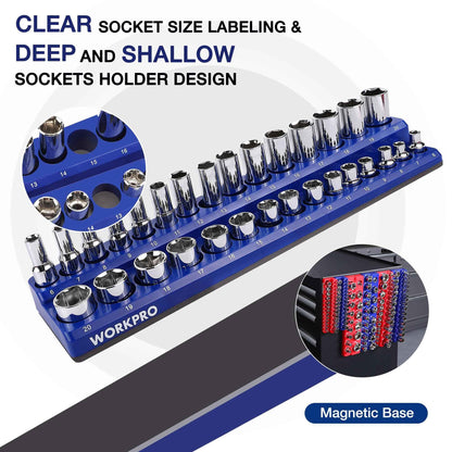 WORKPRO Magnetic Socket Organizer Set, 6-Piece Socket Holder Set Includes 1/4", 3/8", 1/2" Drive Metric SAE Socket Trays, Holds 143 Pieces Sockets, Christmas Gift for Men(Socket not Included) - Track Minded HPDE, LLC