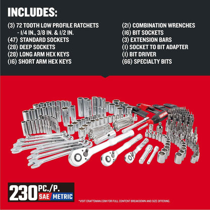 Craftsman Socket Set with Case VERSASTACK 230 Pcs Mechanics Tool Set, 1/4 in, 3/8 in, and 1/2 Drive, Standard and Deep Socket Set, Short and Long Arm Hex Keys (CMMT45306) - Track Minded HPDE, LLC