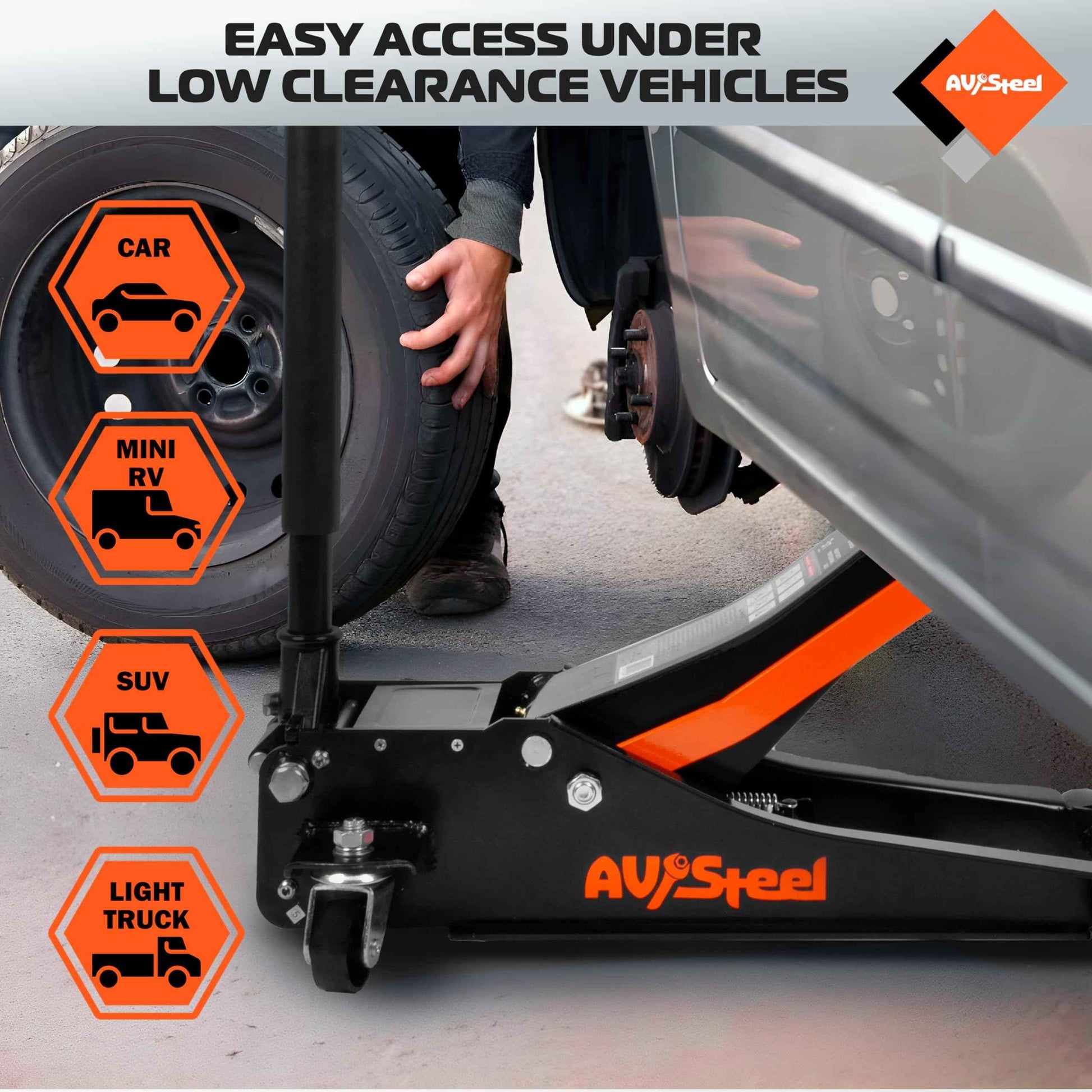 AV Steel Low Profile Floor Jack 3 Ton (6600 lbs), Heavy Duty Hydraulic Jack for Car, Heavy-Duty Floor Jack with Dual Pistons Quick Lift Pump, Car Floor Jack with Lifting Range 3-1/8'' to 19-7/8'' - Track Minded HPDE, LLC