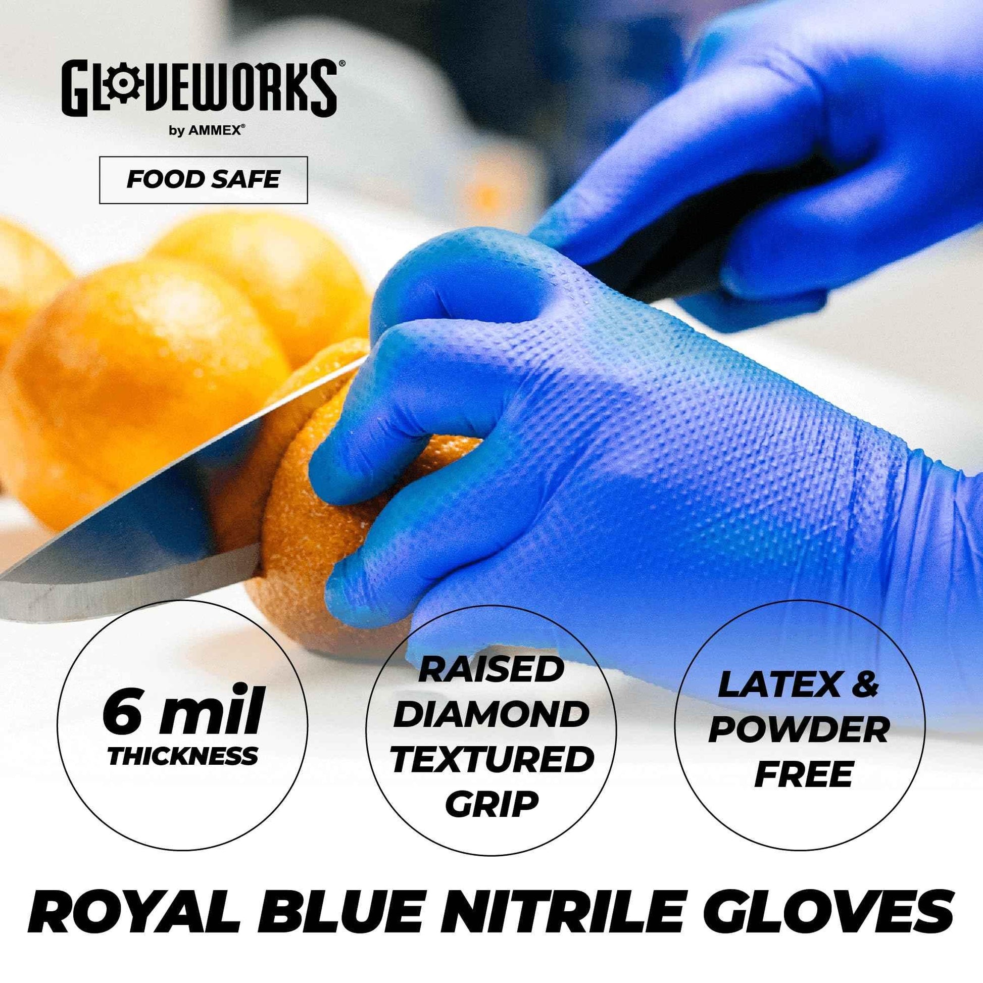 GLOVEWORKS HD Royal Blue Nitrile Industrial Disposable Gloves, 6 Mil Latex-Free, Raised Diamond Texture, Medium, Box of 100 - Track Minded HPDE, LLC