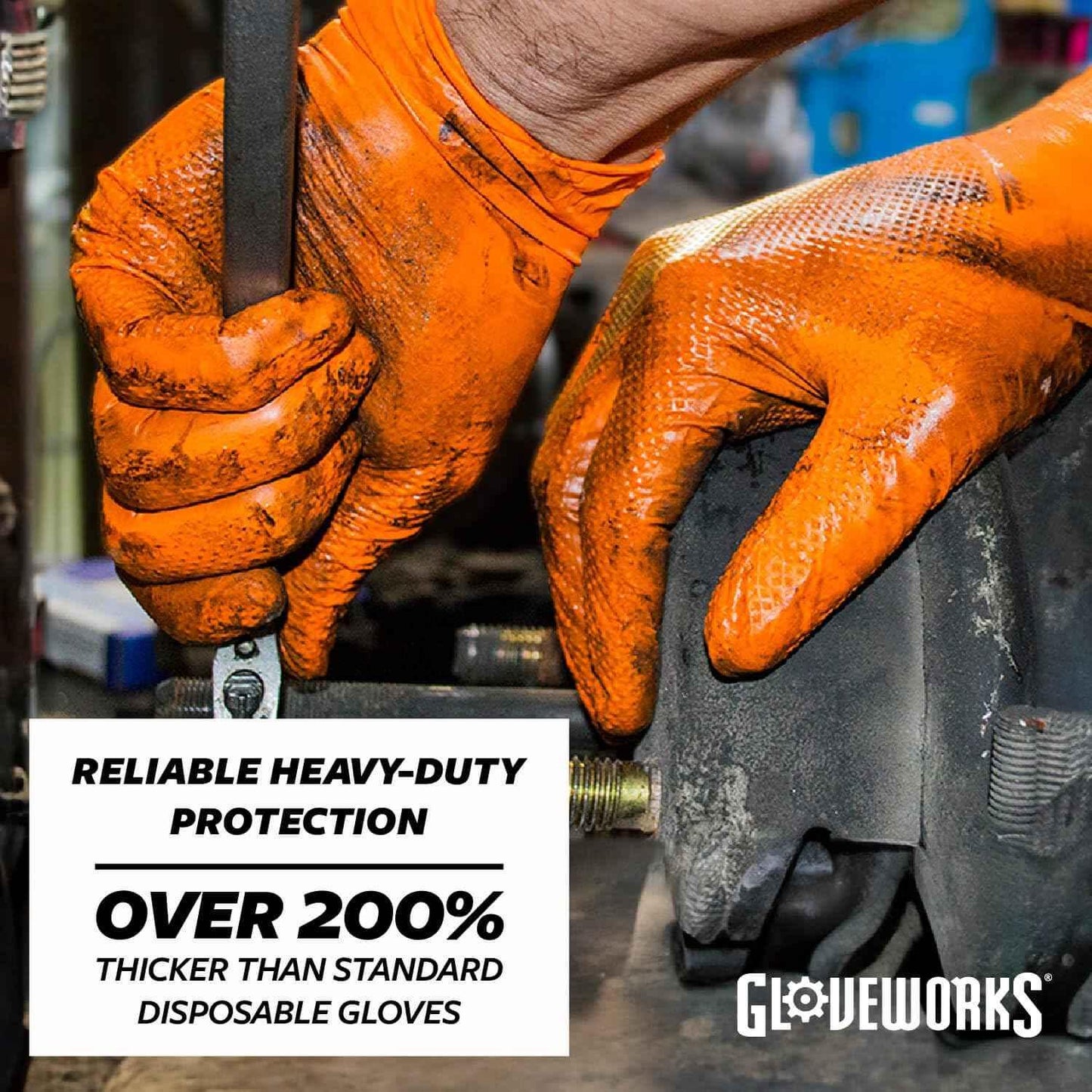 GLOVEWORKS HD Orange Nitrile Industrial Disposable Gloves, 8 Mil, Latex-Free, Raised Diamond Texture, Large, Box of 100 - Track Minded HPDE, LLC