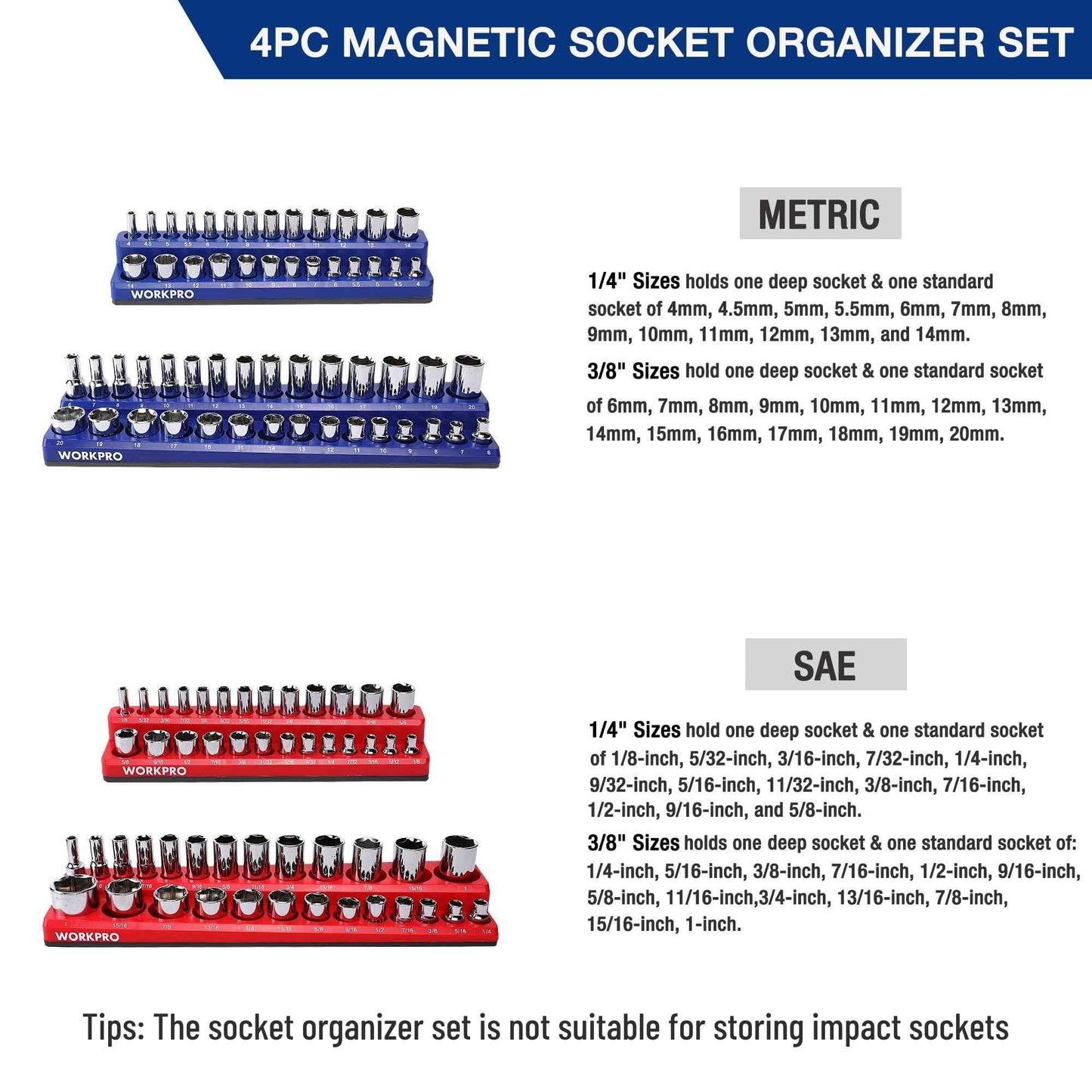 WORKPRO Magnetic Socket Organizer Set, 4-Piece Socket Holder Set Includes 1/4", 3/8" Drive Metric & SAE Socket Trays, Holds 108 Pieces Standard and Deep Size Sockets (Sockets not Included) - Track Minded HPDE, LLC