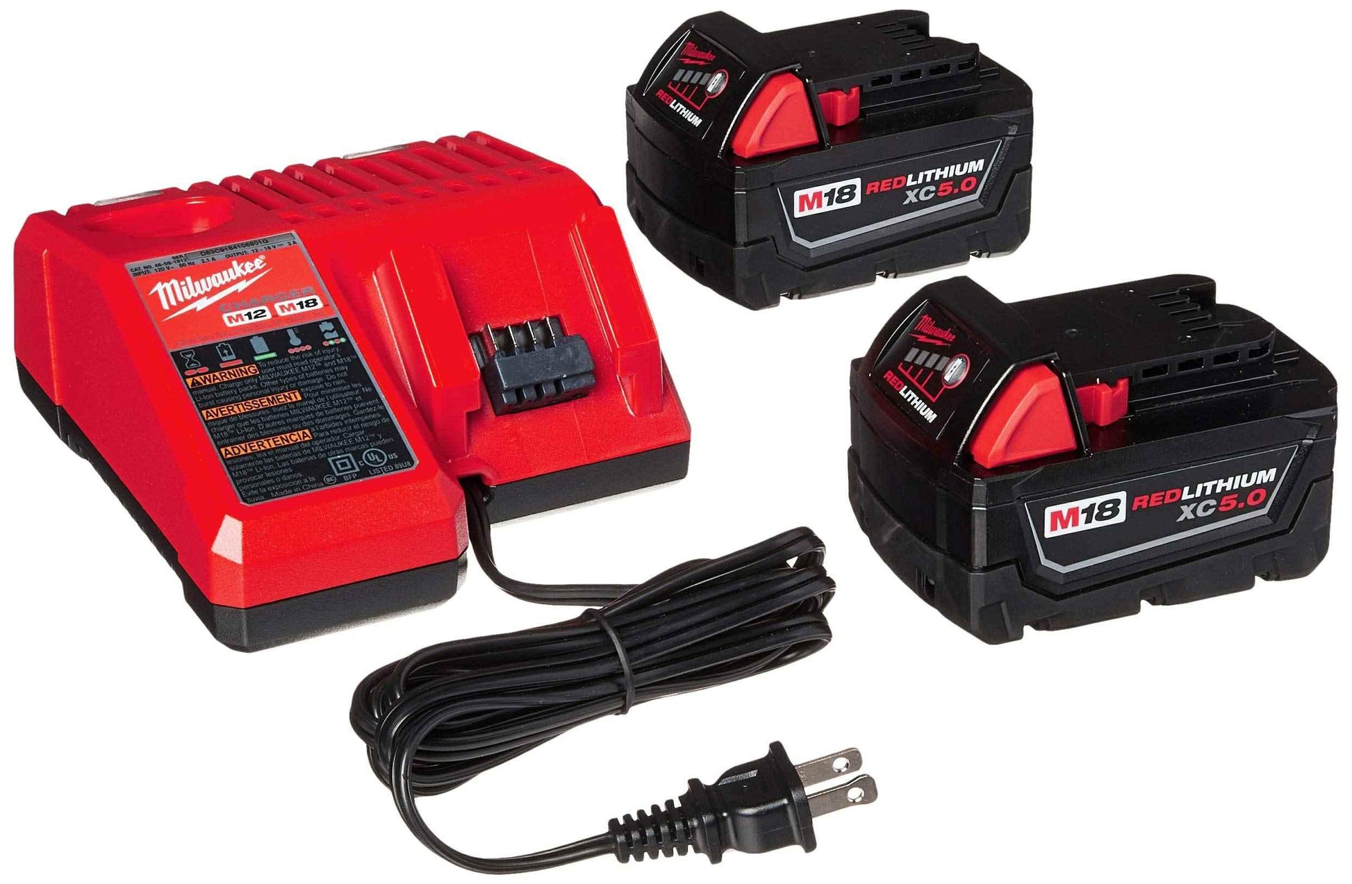 Milwaukee 48-59-1850 M18 RED LITHIUM XC 5.0 Ah Batteries (2) + 48-59-1812 M12 and M18 Multi Voltage Charger kit - Track Minded HPDE, LLC