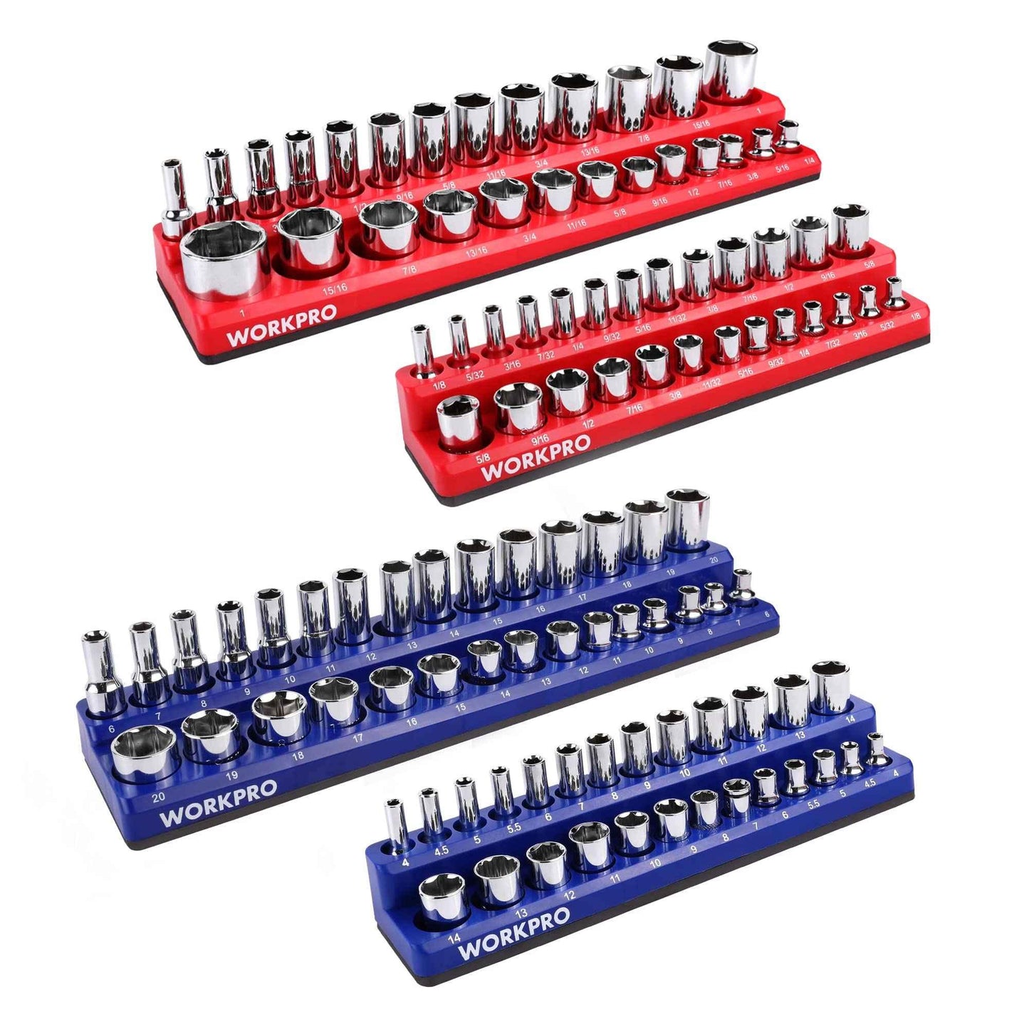 WORKPRO Magnetic Socket Organizer Set, 4-Piece Socket Holder Set Includes 1/4", 3/8" Drive Metric & SAE Socket Trays, Holds 108 Pieces Standard and Deep Size Sockets (Sockets not Included) - Track Minded HPDE, LLC