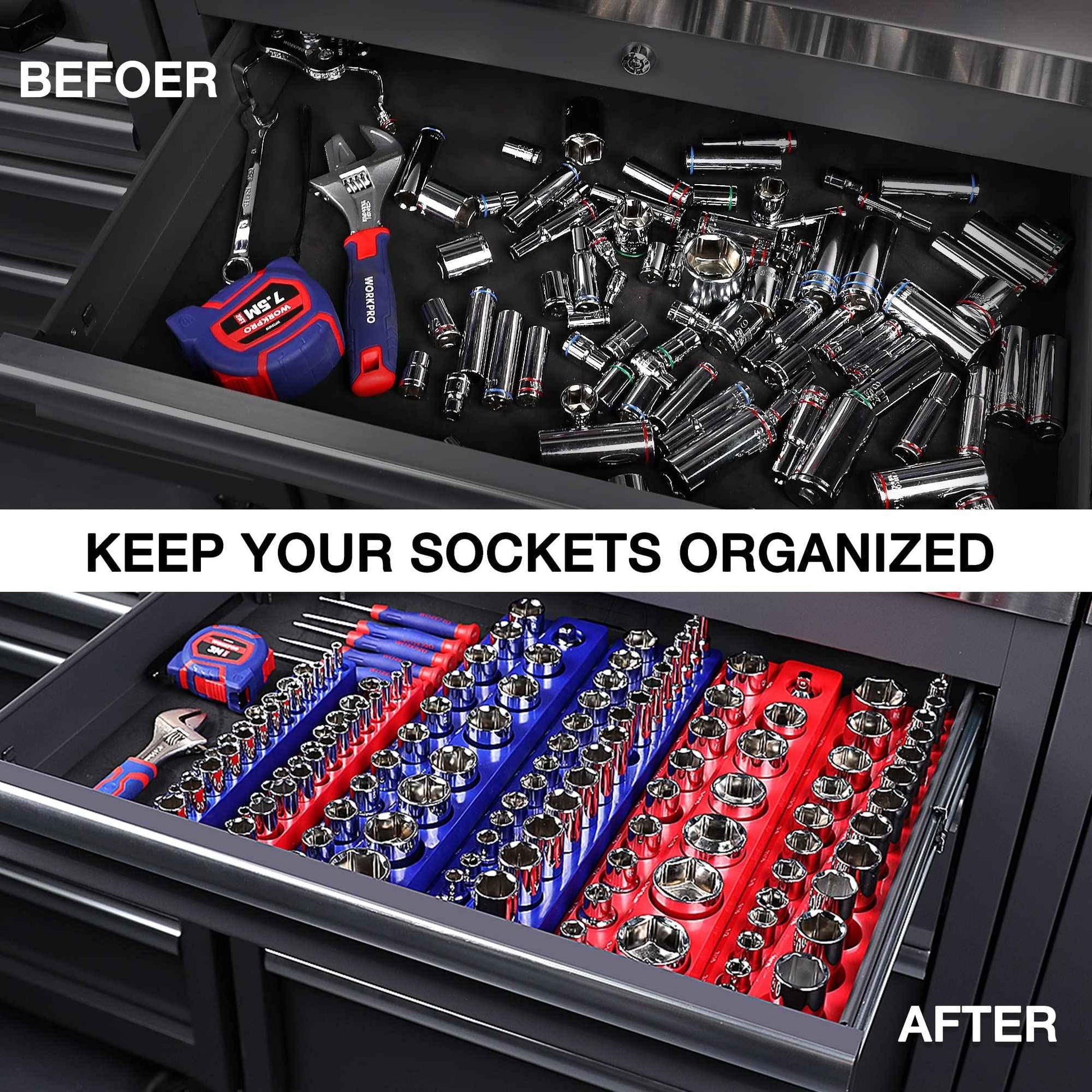 WORKPRO Magnetic Socket Organizer Set, 6-Piece Socket Holder Set Includes 1/4", 3/8", 1/2" Drive Metric SAE Socket Trays, Holds 143 Pieces Sockets, Christmas Gift for Men(Socket not Included) - Track Minded HPDE, LLC